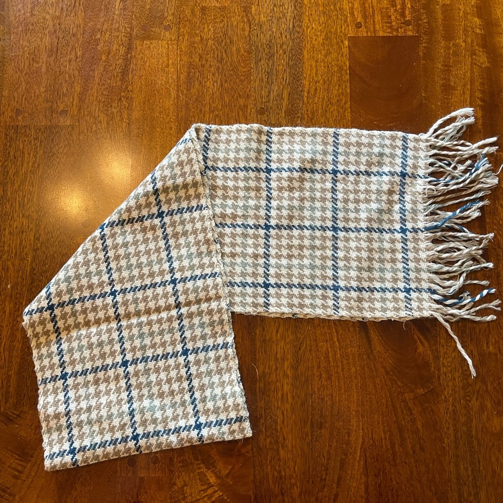 Blue/Taupe/Green Plaid scarf with fringe